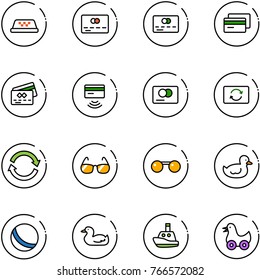 line vector icon set -  credit card, tap pay, exchange, refresh, sunglasses, duck toy, ball, boat