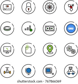 line vector icon set - credit card vector, lock, firework, holly, coin, dollar, bus road sign, monitor cursor, attachment, map pin, gears, gyroscope, globe, monoblock pc, car toy