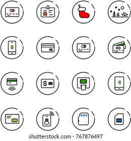 line vector icon set - credit card vector, identity, christmas sock, landscape, mobile payment, tap pay, atm, envelope, micro flash, sim