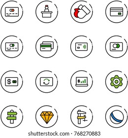 line vector icon set - credit card vector, recieptionist, gloves, tap pay, exchange, account statistics, gear, signpost, diamond, clamp, ball