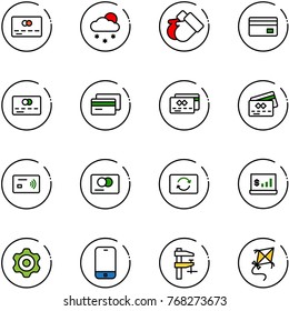 line vector icon set - credit card vector, snowfall, gloves, tap pay, exchange, account statistics, gear, mobile phone, clamp, kite