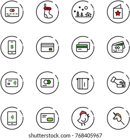line vector icon set - credit card vector, christmas sock, landscape, star postcard, mobile payment, tap pay, atm, envelope, chicken toy, unicorn stick