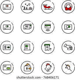 line vector icon set - credit card vector, christmas landscape, sleigh, wreath, tap pay, atm, envelope, finance management, chicken toy, unicorn stick