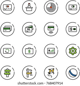 line vector icon set - credit card vector, recieptionist, radar, tap pay, exchange, money case, account statistics, gear, signpost, clamp, kite, ball