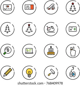 line vector icon set - credit card vector, ticket, trap truck, christmas tree, turkey, tap pay, money search, statistics monitor, bank building, victory, pencil, bulb, paint roller, yoyo