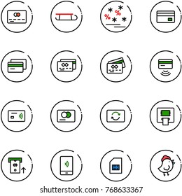 line vector icon set - credit card vector, sleigh, christmas sale, tap pay, exchange, atm, mobile payment, sim, chicken toy