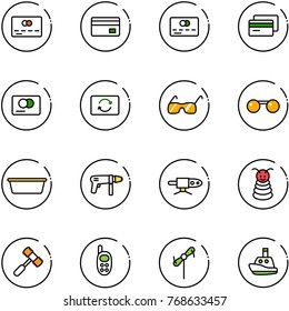 line vector icon set - credit card vector, exchange, sunglasses, basin, drill machine, pipe welding, pyramid toy, hammer, phone, windmill, boat