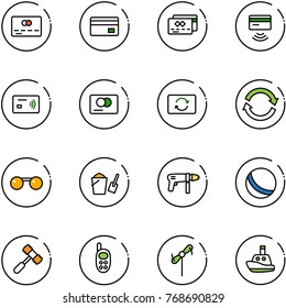 line vector icon set - credit card vector, tap pay, exchange, refresh, sunglasses, bucket scoop, drill machine, ball, toy hammer, phone, windmill, boat