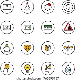 line vector icon set - credit card vector, christmas tree, snowfall, dollar coin, tap pay, cash, landslide road sign, piggy bank, diamond, flip flops, dragonfly, kite, bulb, yoyo