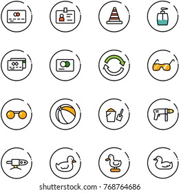 line vector icon set - credit card vector, identity, road cone, liquid soap, refresh, sunglasses, ball, bucket scoop, drill machine, pipe welding, duck toy