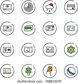 line vector icon set - credit card vector, radar, snowfall, tap pay, exchange, account statistics, gear, monitor, signpost, kite, ball