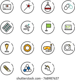 line vector icon set - credit card vector, Magic wand, christmas ball, pills, blister, run, flag, statistics monitor, pennant, sun, diving, measuring tape, work knife, billiards balls