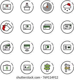 line vector icon set - credit card vector, recieptionist, radar, snowfall, gloves, tap pay, money case, account statistics, signpost, clamp