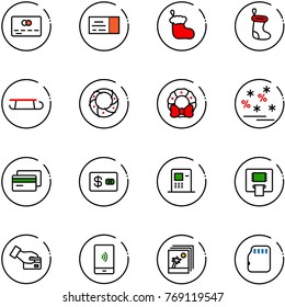 line vector icon set - credit card vector, ticket, christmas sock, sleigh, wreath, sale, atm, pay, mobile payment, photo, micro flash
