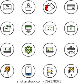 line vector icon set - credit card vector, recieptionist, gloves, tap pay, exchange, money case, account statistics, gear, monitor, outdoor cafe, kite, mobile phone, clamp