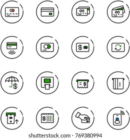 line vector icon set - credit card vector, tap pay, exchange, insurance, atm, receipt, finance calendar, identity