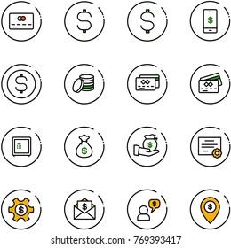 line vector icon set - credit card vector, dollar sign, mobile payment, coin, safe, money bag, investment, certificate, managemet, mail, dialog, atm map pin