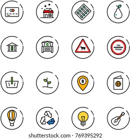 line vector icon set - credit card vector, house, pills blister, pear, bank, money chest, cow road sign, tax peage, basket, sproute, atm map pin, passport, air balloon, recycling, bulb, guitar