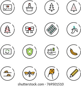 line vector icon set - credit card vector, recieptionist, christmas tree, bow, pills blister, banana, exchange, shield cross, growth, flip flops, dragonfly, kite, pencil