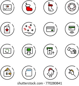 line vector icon set - credit card vector, christmas sock, wreath, star postcard, sale, tap pay, exchange, atm, finance management, micro flash, chicken toy, unicorn stick