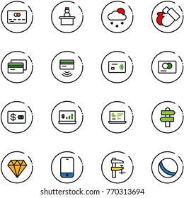 line vector icon set - credit card vector, recieptionist, snowfall, gloves, tap pay, account statistics, monitor, signpost, diamond, mobile phone, clamp, ball