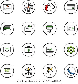 line vector icon set - credit card vector, radar, gloves, tap pay, exchange, money case, account statistics, gear, monitor, outdoor cafe, kite, ball