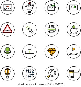 line vector icon set - credit card vector, santa claus, artificial unevenness road sign, cursor, printer, piggy bank, office chair, pedestal, diamond, mat, air balloon, circuit, magnifier