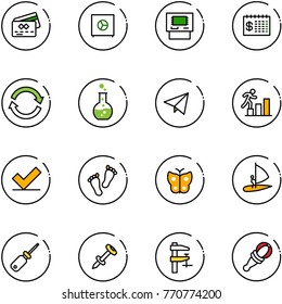 line vector icon set - credit card vector, safe, atm, finance calendar, refresh, round flask, paper fly, career, check, feet, butterfly, windsurfing, screwdriver, nail dowel, clamp, beanbag