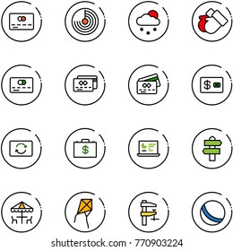 line vector icon set - credit card vector, radar, snowfall, gloves, exchange, money case, statistics monitor, signpost, outdoor cafe, kite, clamp, ball