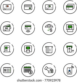 line vector icon set - credit card vector, tap pay, insurance, atm, finance calendar, identity