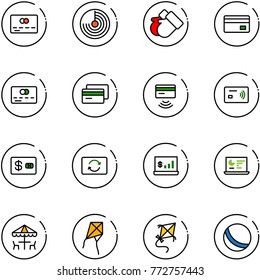 line vector icon set - credit card vector, radar, gloves, tap pay, exchange, account statistics, monitor, outdoor cafe, kite, ball