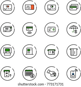 line vector icon set - credit card vector, ticket, tap pay, atm, receipt, calendar, identity