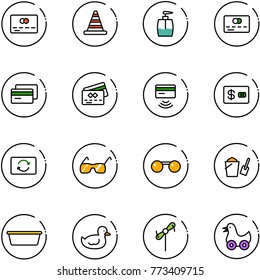 line vector icon set - credit card vector, road cone, liquid soap, tap pay, exchange, sunglasses, bucket scoop, basin, duck toy, windmill