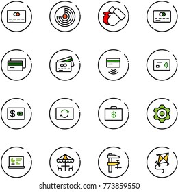 line vector icon set - credit card vector, radar, gloves, tap pay, exchange, money case, gear, statistics monitor, outdoor cafe, clamp, kite