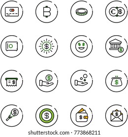 line vector icon set - credit card vector, bitcoin, coin, euro dollar, safe, sun, smile, account, receipt, investment, cash pay, purse, money torch, finance management, mail