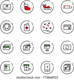 line vector icon set - credit card vector, christmas sock, sleigh, wreath, star postcard, sale, tap pay, exchange, atm, mobile payment, photo
