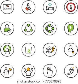 line vector icon set - credit card vector, disabled, hospital bed, no pedestrian road sign, user check, social, friends, head bulb, man globe, garbage, career, winner, win, success, victory, flying