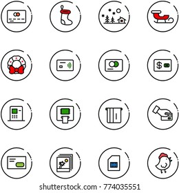 line vector icon set - credit card vector, christmas sock, landscape, sleigh, wreath, tap pay, atm, envelope, photo, sim, chicken toy