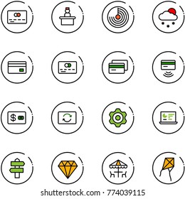 line vector icon set - credit card vector, recieptionist, radar, snowfall, tap pay, exchange, gear, statistics monitor, signpost, diamond, outdoor cafe, kite