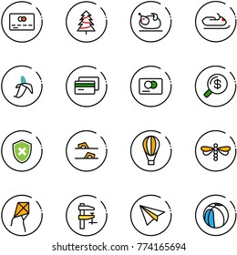 line vector icon set - credit card vector, christmas tree, turkey, snowmobile, banana, money search, shield cross, flip flops, air balloon, dragonfly, kite, clamp, paper plane, basketball