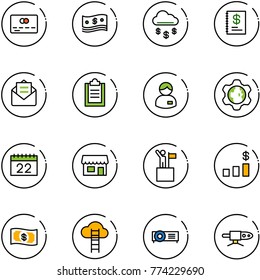 line vector icon set - credit card vector, cash, money rain, annual report, opened mail, clipboard, manager, gear globe, calendar, store, win, dollar chart, cloud ladder, projector, pipe welding