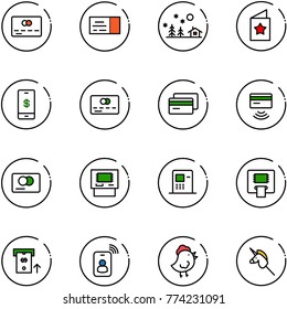 line vector icon set - credit card vector, ticket, christmas landscape, star postcard, mobile payment, tap pay, atm, identity, chicken toy, unicorn stick