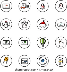 line vector icon set - credit card vector, fork loader, christmas tree, angel, elf, pill, air balloon, victory, kite, terms plan, cd, clamp