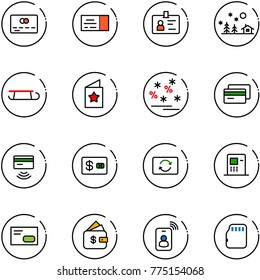 line vector icon set - credit card vector, ticket, identity, christmas landscape, sleigh, star postcard, sale, tap pay, exchange, atm, envelope, finance management, micro flash