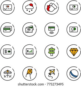 line vector icon set - credit card vector, snowfall, gloves, tap pay, account statistics, signpost, diamond, outdoor cafe, kite, ball