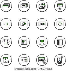 line vector icon set - credit card vector, tap pay, exchange, insurance, atm, finance calendar, identity