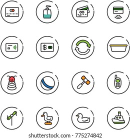 line vector icon set - credit card vector, liquid soap, tap pay, refresh, basin, pyramid toy, ball, hammer, phone, windmill, duck, boat