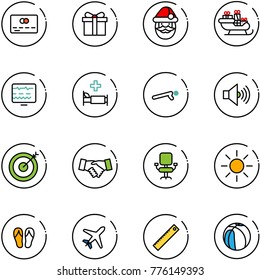 line vector icon set - credit card vector, gift, santa claus, sleigh, diagnostic monitor, hospital bed, push ups, volume max, target, agreement, office chair, sun, flip flops, plane, ruler