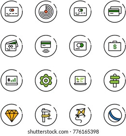line vector icon set - credit card vector, radar, tap pay, money case, account statistics, gear, monitor, signpost, diamond, clamp, kite, ball