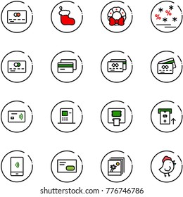 line vector icon set - credit card vector, christmas sock, wreath, sale, tap pay, atm, mobile payment, envelope, photo, chicken toy